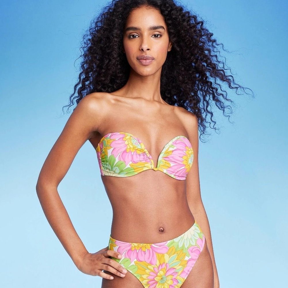 Shade & Shore Floral Bandeau Underwire Bikini Top 36B Pink Yellow